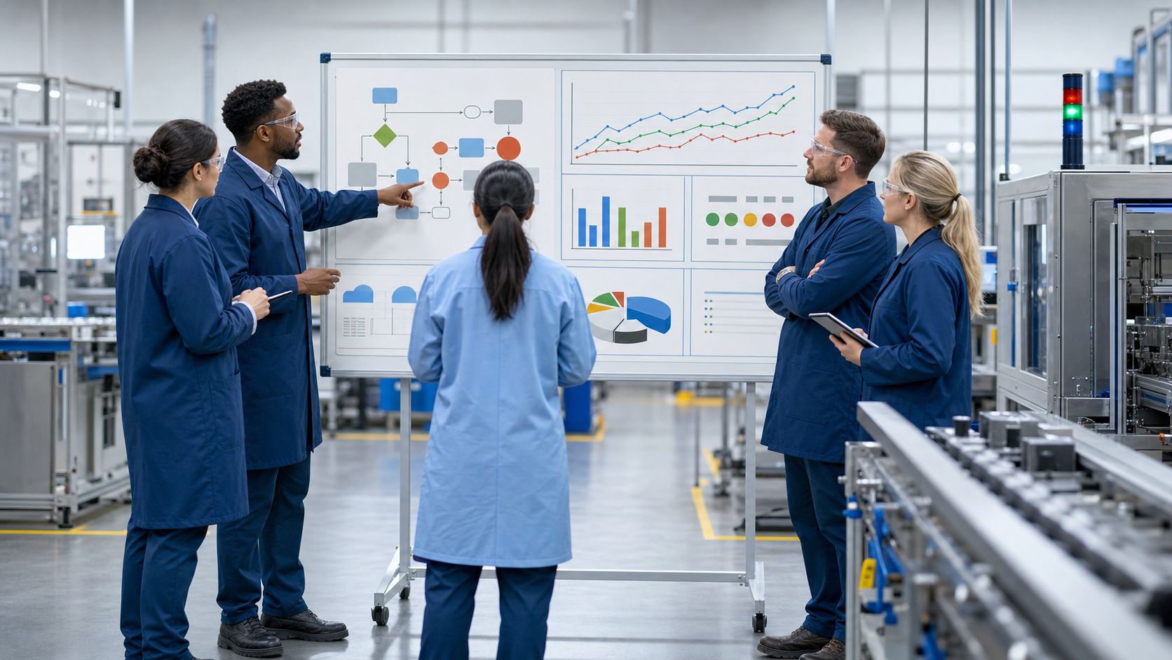 Manufacturing team applying Lean learning to measurable operational performance